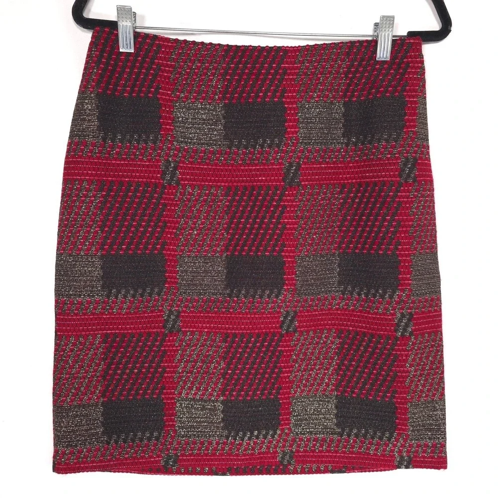 J‎ MCLAUGHLIN Plaid Check Knit Skirt Red Black Metallic Mini Lined 6 Wool Blend